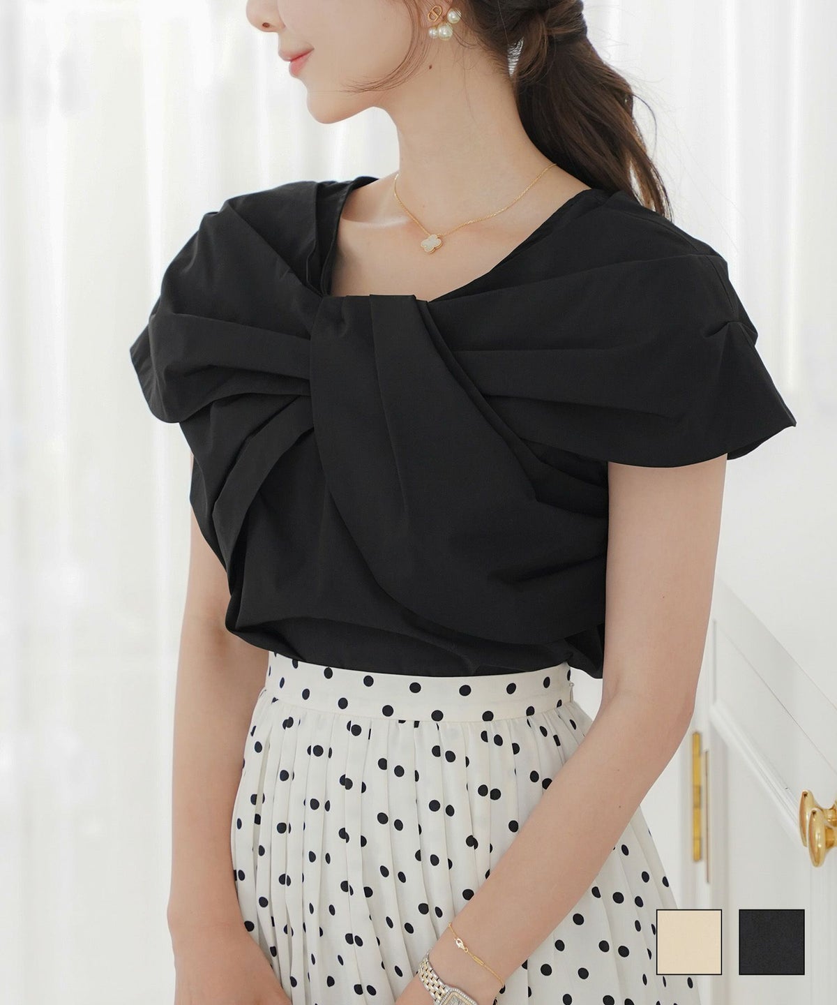 レディース ブラウス トップス リボン オフショル ノースリーブ 肩先 グレージュ ブラック 春 夏 秋 エレガント 上品 大人 リボン オフショル ブラウス le reve vaniller