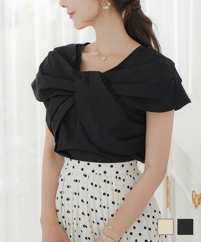 レディース ブラウス トップス リボン オフショル ノースリーブ 肩先 グレージュ ブラック 春 夏 秋 エレガント 上品 大人 リボン オフショル ブラウス le reve vaniller