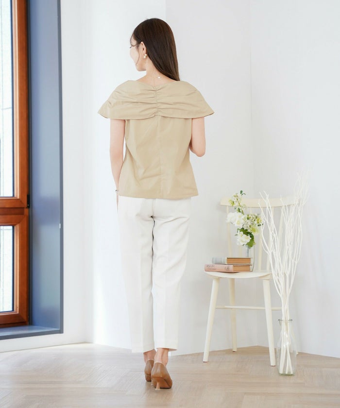 レディース/ブラウス/トップス/リボン/オフショル/ノースリーブ/肩先/グレージュ/ブラック/春/夏/秋/エレガント/上品/大人