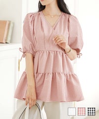 レディース トップス ブラウス ギャザー ペプラム ボリューム フレア 半袖 パフスリーブ 袖口ゴム ウエストゴム ギンガムチェック 柄 ホワイト ピンク ブラック イージーケア 春 夏 秋 イージーケア カシュクール ギンガムチェック ブラウス le reve vaniller