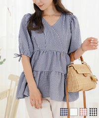 レディース トップス ブラウス ギャザー ペプラム ボリューム フレア 半袖 パフスリーブ 袖口ゴム ウエストゴム ギンガムチェック 柄 ホワイト ピンク ブラック イージーケア 春 夏 秋 イージーケア カシュクール ギンガムチェック ブラウス le reve vaniller