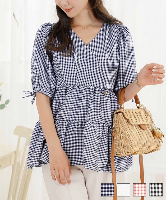 レディース トップス ブラウス ギャザー ペプラム ボリューム フレア 半袖 パフスリーブ 袖口ゴム ウエストゴム ギンガムチェック 柄 ホワイト ピンク ブラック イージーケア 春 夏 秋 イージーケア カシュクール ギンガムチェック ブラウス le reve vaniller