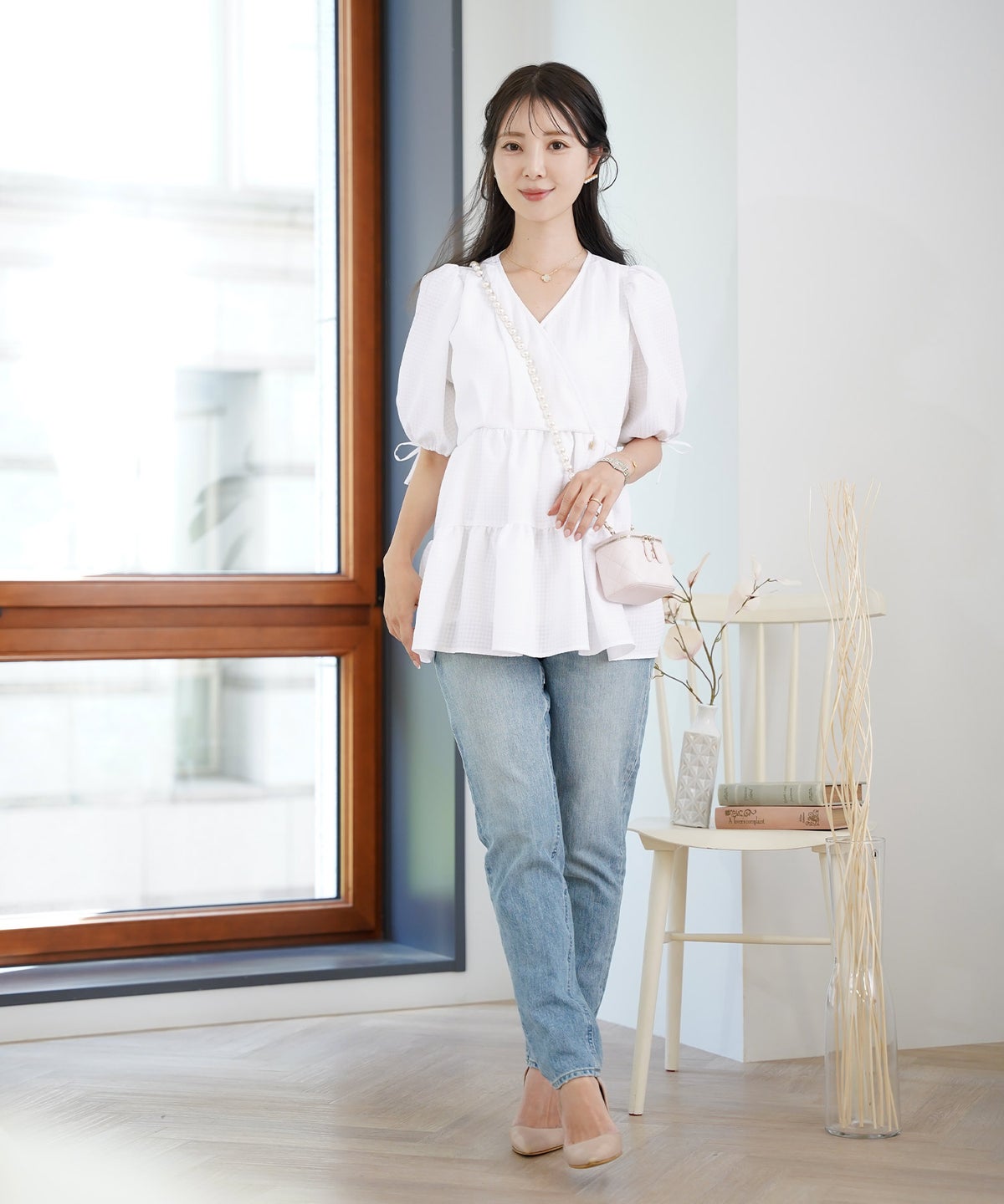 レディース/トップス/ブラウス/ギャザー/ペプラム/ボリューム/フレア/半袖/パフスリーブ/袖口ゴム/ウエストゴム/ギンガムチェック/柄/ホワイト/ピンク/ブラック/イージーケア/春/夏/秋