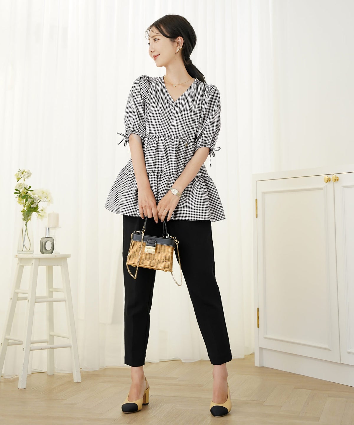 レディース/トップス/ブラウス/ギャザー/ペプラム/ボリューム/フレア/半袖/パフスリーブ/袖口ゴム/ウエストゴム/ギンガムチェック/柄/ホワイト/ピンク/ブラック/イージーケア/春/夏/秋