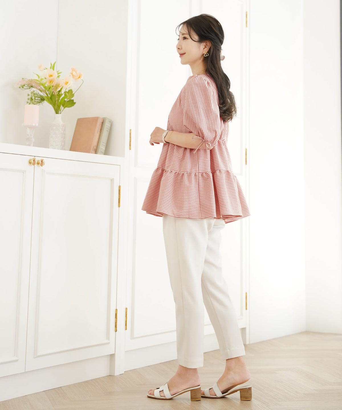 レディース/トップス/ブラウス/ギャザー/ペプラム/ボリューム/フレア/半袖/パフスリーブ/袖口ゴム/ウエストゴム/ギンガムチェック/柄/ホワイト/ピンク/ブラック/イージーケア/春/夏/秋