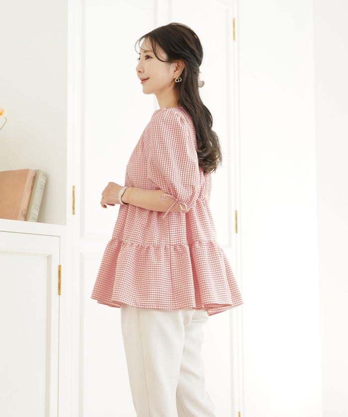 レディース/トップス/ブラウス/ギャザー/ペプラム/ボリューム/フレア/半袖/パフスリーブ/袖口ゴム/ウエストゴム/ギンガムチェック/柄/ホワイト/ピンク/ブラック/イージーケア/春/夏/秋