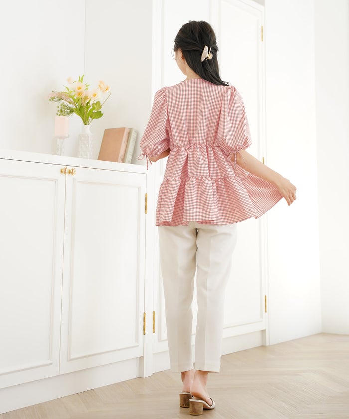 レディース/トップス/ブラウス/ギャザー/ペプラム/ボリューム/フレア/半袖/パフスリーブ/袖口ゴム/ウエストゴム/ギンガムチェック/柄/ホワイト/ピンク/ブラック/イージーケア/春/夏/秋