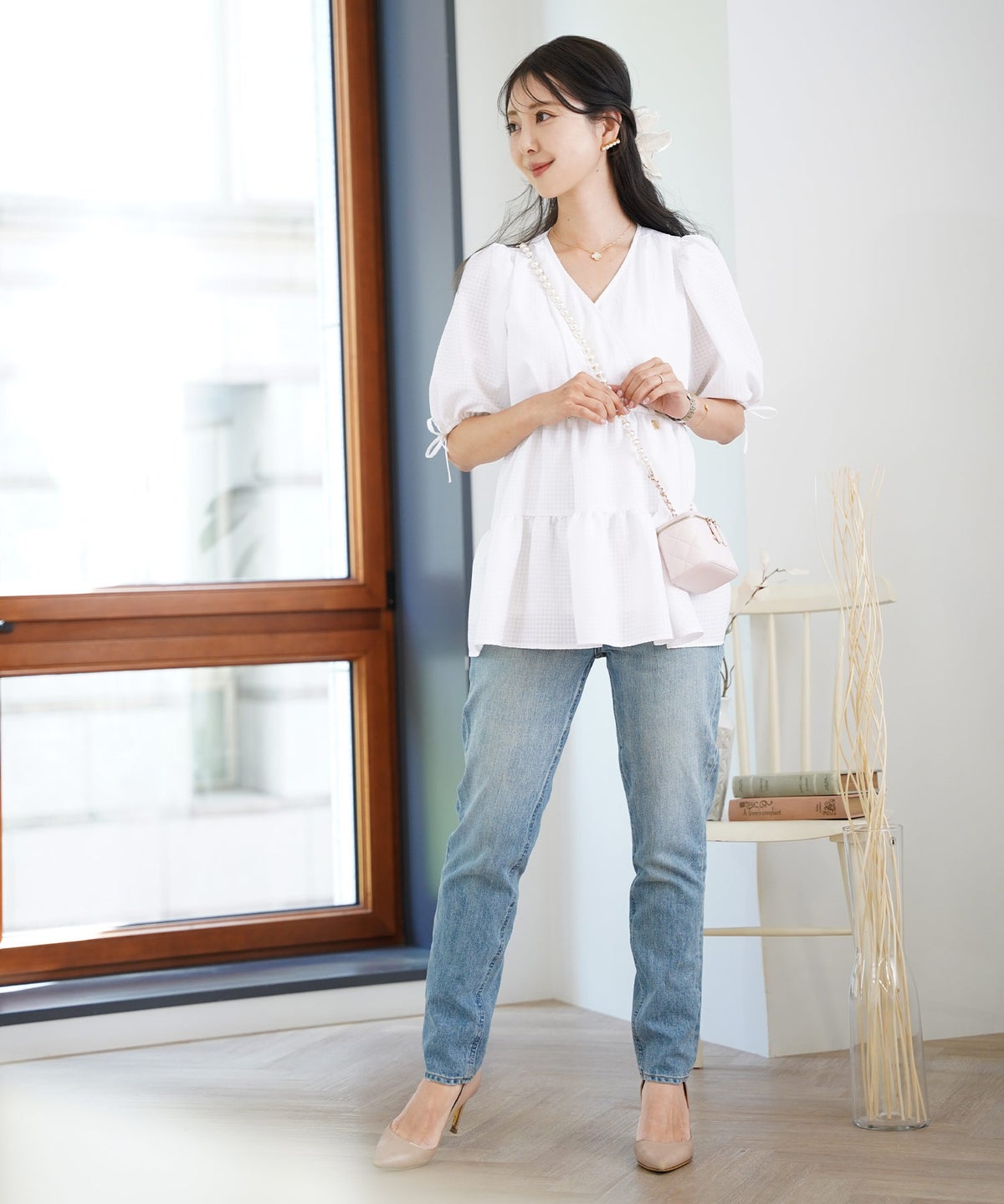 レディース/トップス/ブラウス/ギャザー/ペプラム/ボリューム/フレア/半袖/パフスリーブ/袖口ゴム/ウエストゴム/ギンガムチェック/柄/ホワイト/ピンク/ブラック/イージーケア/春/夏/秋