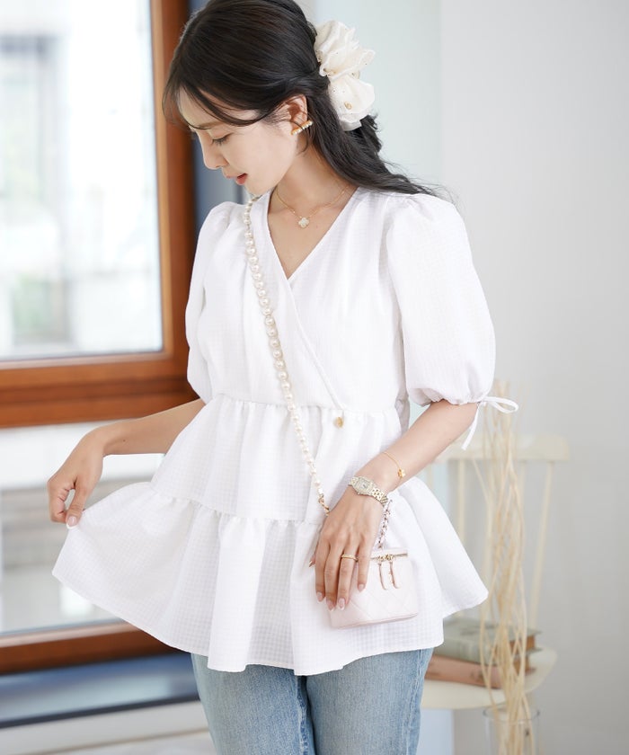 レディース/トップス/ブラウス/ギャザー/ペプラム/ボリューム/フレア/半袖/パフスリーブ/袖口ゴム/ウエストゴム/ギンガムチェック/柄/ホワイト/ピンク/ブラック/イージーケア/春/夏/秋