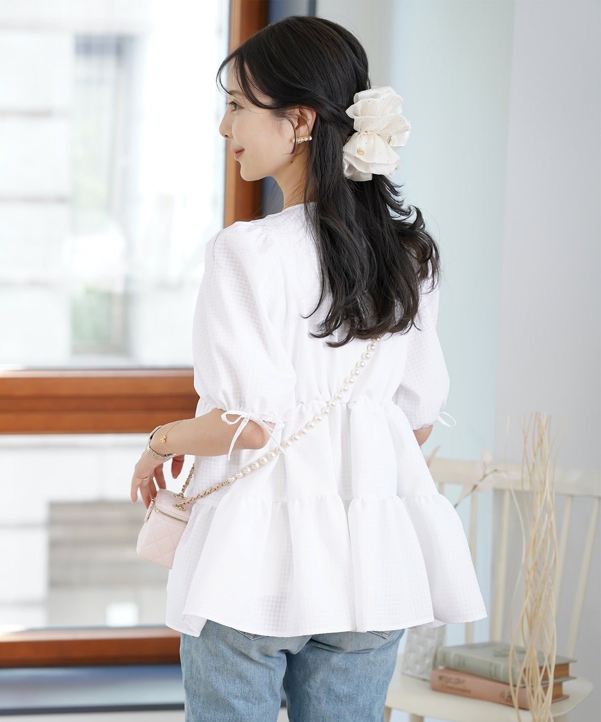 レディース/トップス/ブラウス/ギャザー/ペプラム/ボリューム/フレア/半袖/パフスリーブ/袖口ゴム/ウエストゴム/ギンガムチェック/柄/ホワイト/ピンク/ブラック/イージーケア/春/夏/秋