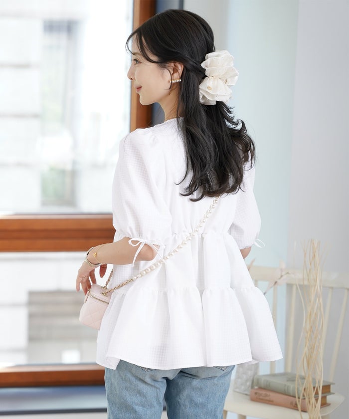 レディース/トップス/ブラウス/ギャザー/ペプラム/ボリューム/フレア/半袖/パフスリーブ/袖口ゴム/ウエストゴム/ギンガムチェック/柄/ホワイト/ピンク/ブラック/イージーケア/春/夏/秋