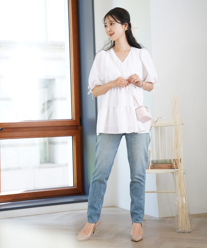 レディース/トップス/ブラウス/ギャザー/ペプラム/ボリューム/フレア/半袖/パフスリーブ/袖口ゴム/ウエストゴム/ギンガムチェック/柄/ホワイト/ピンク/ブラック/イージーケア/春/夏/秋