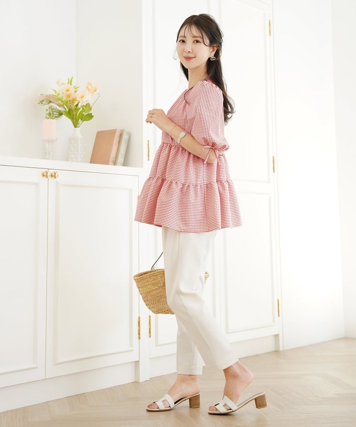 レディース/トップス/ブラウス/ギャザー/ペプラム/ボリューム/フレア/半袖/パフスリーブ/袖口ゴム/ウエストゴム/ギンガムチェック/柄/ホワイト/ピンク/ブラック/イージーケア/春/夏/秋