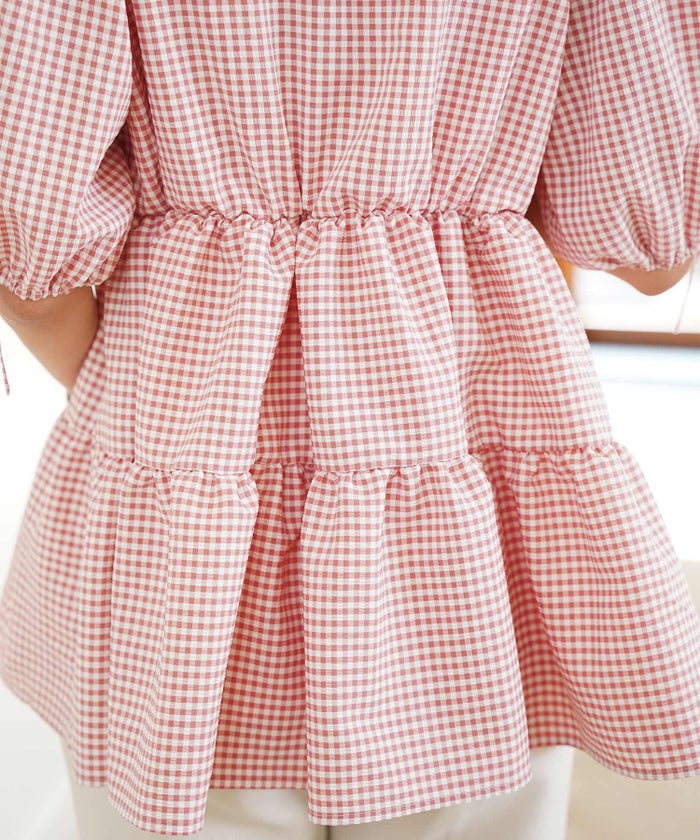 レディース/トップス/ブラウス/ギャザー/ペプラム/ボリューム/フレア/半袖/パフスリーブ/袖口ゴム/ウエストゴム/ギンガムチェック/柄/ホワイト/ピンク/ブラック/イージーケア/春/夏/秋