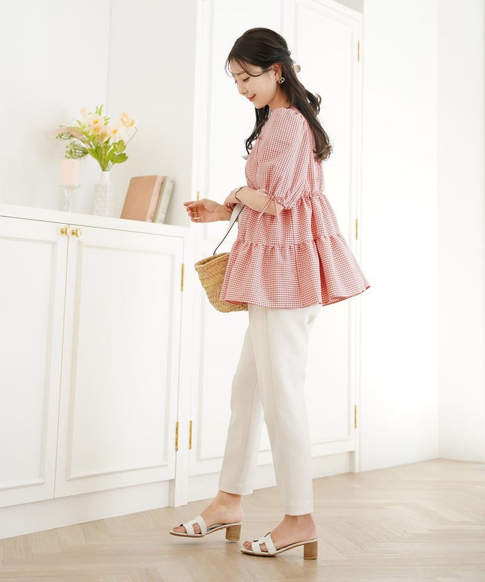 レディース/トップス/ブラウス/ギャザー/ペプラム/ボリューム/フレア/半袖/パフスリーブ/袖口ゴム/ウエストゴム/ギンガムチェック/柄/ホワイト/ピンク/ブラック/イージーケア/春/夏/秋