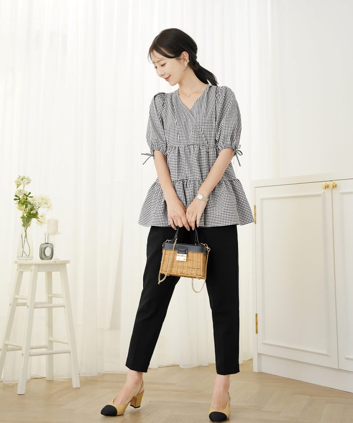 レディース/トップス/ブラウス/ギャザー/ペプラム/ボリューム/フレア/半袖/パフスリーブ/袖口ゴム/ウエストゴム/ギンガムチェック/柄/ホワイト/ピンク/ブラック/イージーケア/春/夏/秋