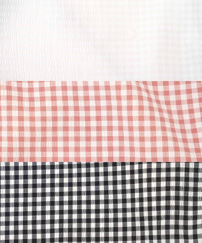 レディース/トップス/ブラウス/ギャザー/ペプラム/ボリューム/フレア/半袖/パフスリーブ/袖口ゴム/ウエストゴム/ギンガムチェック/柄/ホワイト/ピンク/ブラック/イージーケア/春/夏/秋