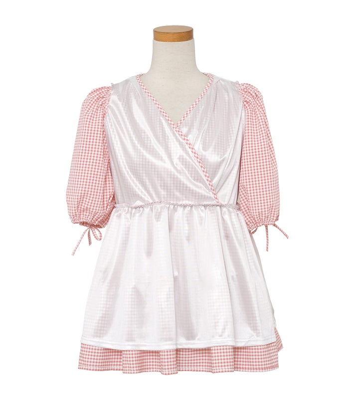 レディース/トップス/ブラウス/ギャザー/ペプラム/ボリューム/フレア/半袖/パフスリーブ/袖口ゴム/ウエストゴム/ギンガムチェック/柄/ホワイト/ピンク/ブラック/イージーケア/春/夏/秋