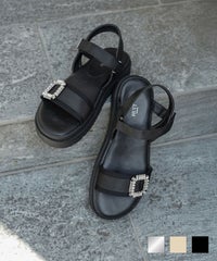 セレクト サンダル スポーツサンダル 厚底 サテン 歩きやすい シルバー ベージュ ブラック S M L LL セレクト ビジュー スクエアバックル サンダル HUIT