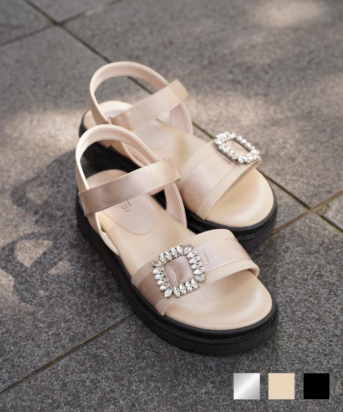 セレクト サンダル スポーツサンダル 厚底 サテン 歩きやすい シルバー ベージュ ブラック S M L LL セレクト ビジュー スクエアバックル サンダル HUIT