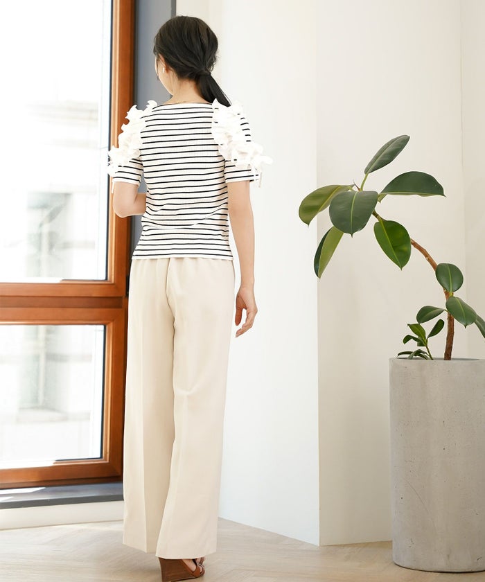 レディース/カットソー/トップス/フリル/プリーツ/パーツ/袖/映え/半袖/リボン/クルーネック/リブカットソー/ボーダー/無地/アイボリー/ピンク/ブラック/春/夏/秋/晩夏/伸縮/フェミニン/エレガント/上品/カワイイ/おしゃれ