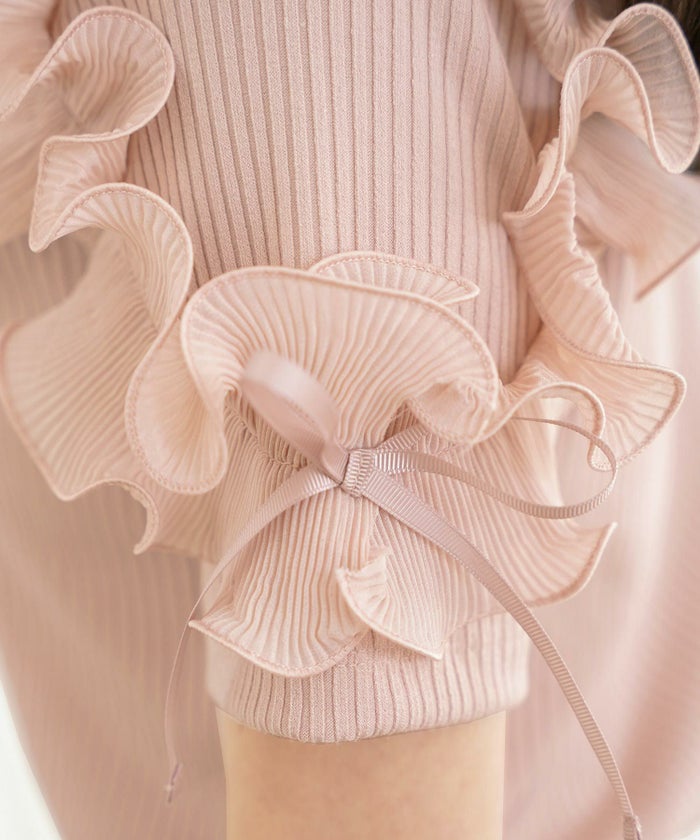 レディース/カットソー/トップス/フリル/プリーツ/パーツ/袖/映え/半袖/リボン/クルーネック/リブカットソー/ボーダー/無地/アイボリー/ピンク/ブラック/春/夏/秋/晩夏/伸縮/フェミニン/エレガント/上品/カワイイ/おしゃれ