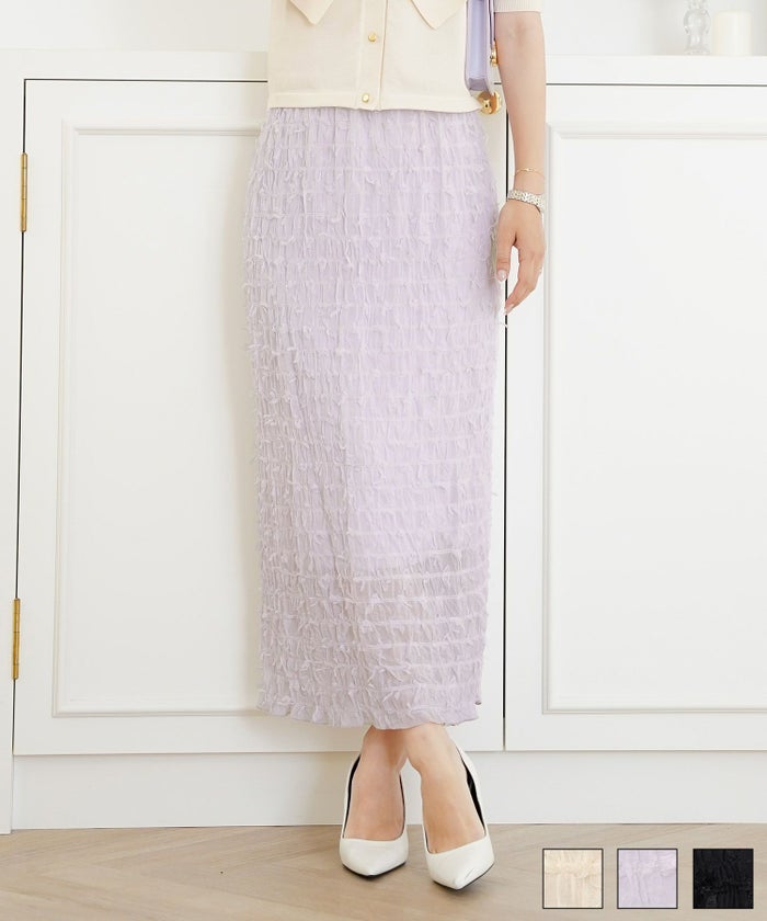 レディース ボトムス スカート タイトスカート ロング マキシ アイボリー ラベンダー ブラック 透け感 リボン チュール 春 夏 秋 シアー ウエストゴム 伸縮性 フェミニン 上品 エレガント 大人 シャーリング リボンチュール タイトスカート le reve vaniller