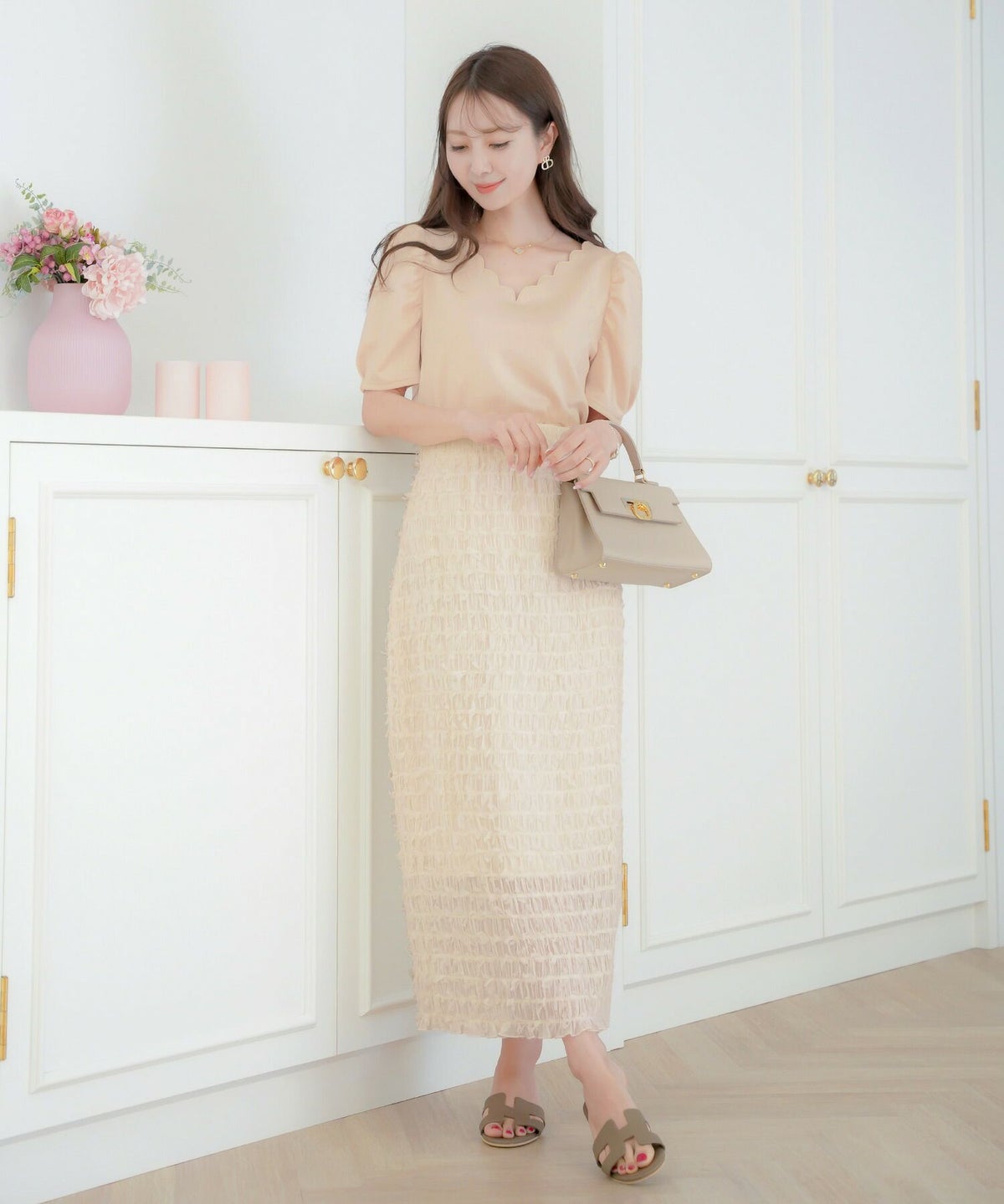 レディース/ボトムス/スカート/タイトスカート/ロング/マキシ/アイボリー/ラベンダー/ブラック/透け感/リボン/チュール/春/夏/秋/シアー/ウエストゴム/伸縮性/フェミニン/上品/エレガント/大人