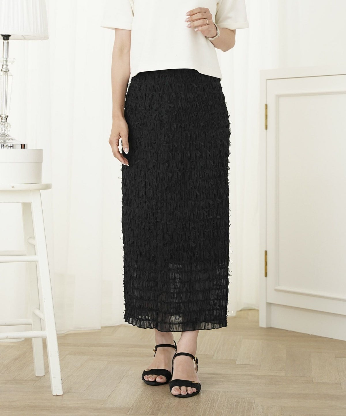 レディース/ボトムス/スカート/タイトスカート/ロング/マキシ/アイボリー/ラベンダー/ブラック/透け感/リボン/チュール/春/夏/秋/シアー/ウエストゴム/伸縮性/フェミニン/上品/エレガント/大人