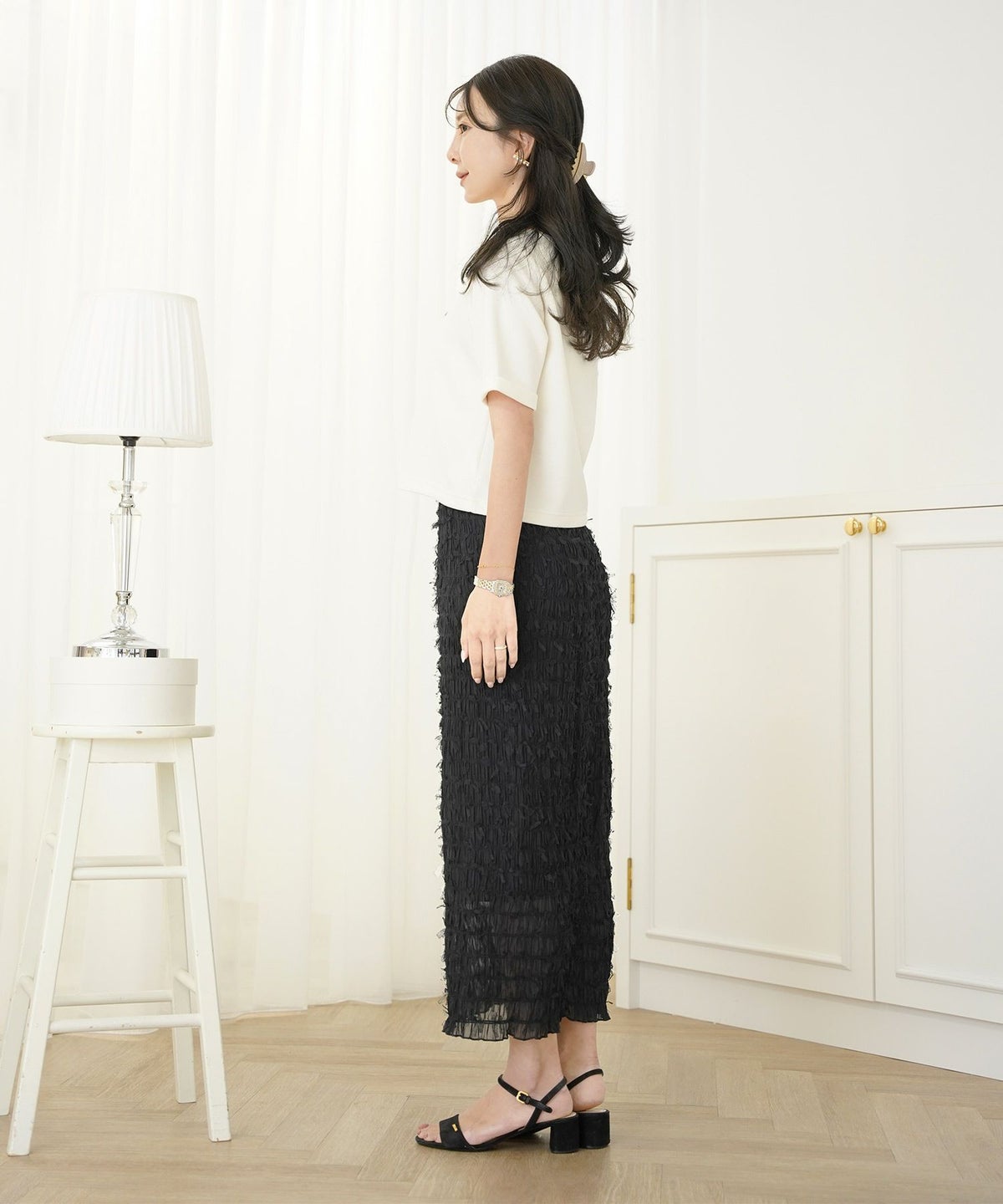 レディース/ボトムス/スカート/タイトスカート/ロング/マキシ/アイボリー/ラベンダー/ブラック/透け感/リボン/チュール/春/夏/秋/シアー/ウエストゴム/伸縮性/フェミニン/上品/エレガント/大人