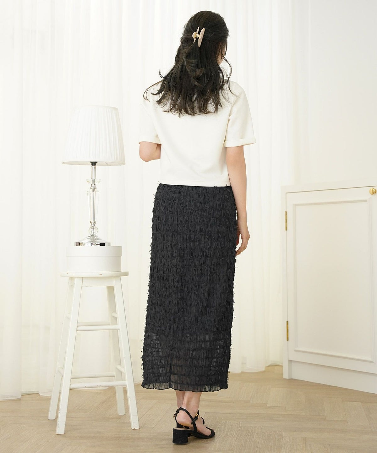 レディース/ボトムス/スカート/タイトスカート/ロング/マキシ/アイボリー/ラベンダー/ブラック/透け感/リボン/チュール/春/夏/秋/シアー/ウエストゴム/伸縮性/フェミニン/上品/エレガント/大人