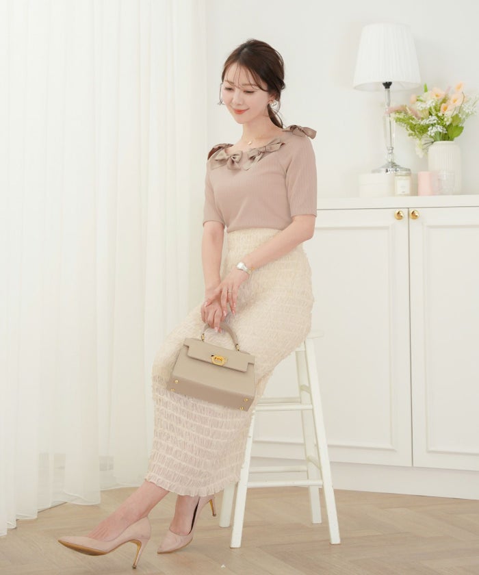 レディース/ボトムス/スカート/タイトスカート/ロング/マキシ/アイボリー/ラベンダー/ブラック/透け感/リボン/チュール/春/夏/秋/シアー/ウエストゴム/伸縮性/フェミニン/上品/エレガント/大人