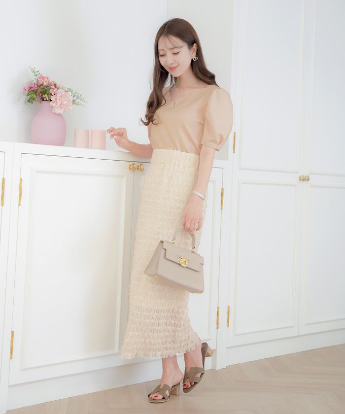 レディース/ボトムス/スカート/タイトスカート/ロング/マキシ/アイボリー/ラベンダー/ブラック/透け感/リボン/チュール/春/夏/秋/シアー/ウエストゴム/伸縮性/フェミニン/上品/エレガント/大人