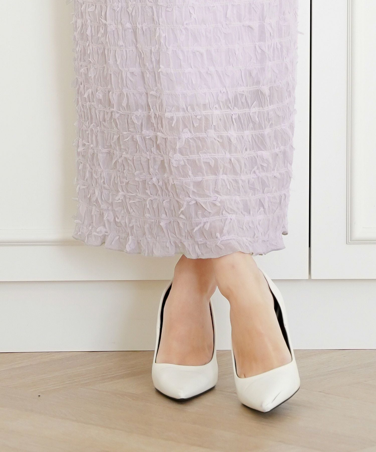 rough & swell MOON SKIRT ホワイト L 春夏用 シャーリング リボンチュール タイトスカート le reve vaniller 全3色