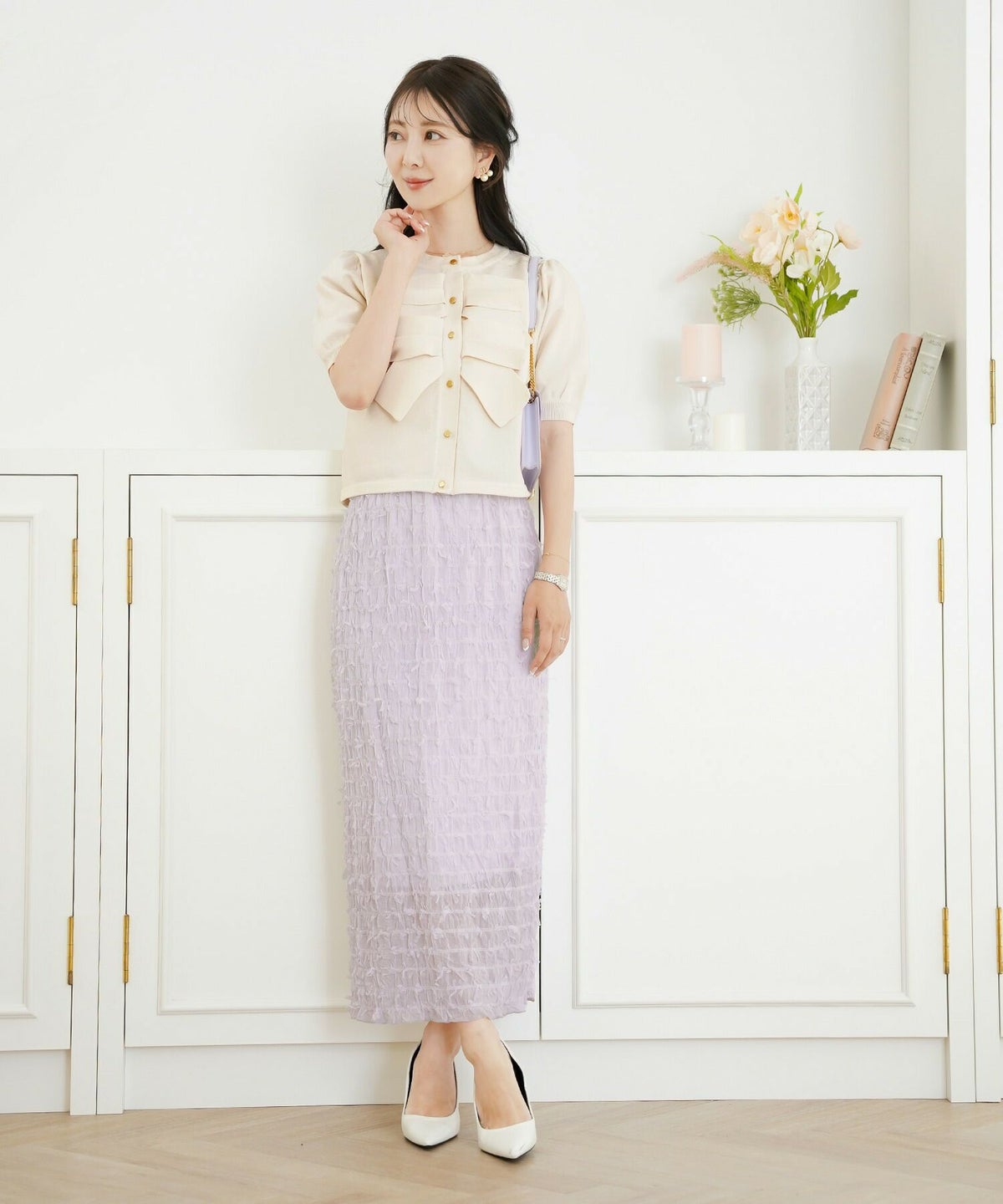 レディース/ボトムス/スカート/タイトスカート/ロング/マキシ/アイボリー/ラベンダー/ブラック/透け感/リボン/チュール/春/夏/秋/シアー/ウエストゴム/伸縮性/フェミニン/上品/エレガント/大人