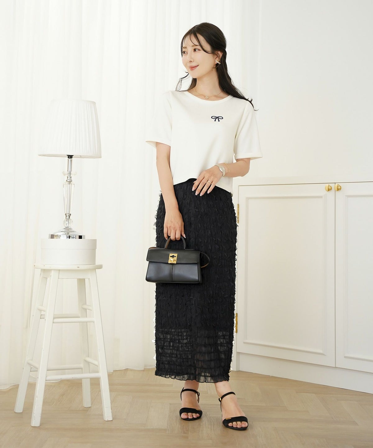 レディース/ボトムス/スカート/タイトスカート/ロング/マキシ/アイボリー/ラベンダー/ブラック/透け感/リボン/チュール/春/夏/秋/シアー/ウエストゴム/伸縮性/フェミニン/上品/エレガント/大人