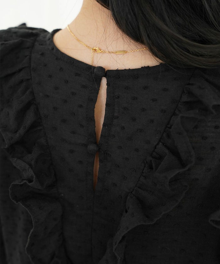 レディース/トップス/ブラウス/ショート丈/コンパクト丈/ドビー/ドット/表面変化/袖口ゴム/半袖/5分袖/二の腕カバー/ハイウエスト/フリル/涙あき/クルーネック/ホワイト/ブラック/カジュアル/エレガント/フェミニン/可愛い