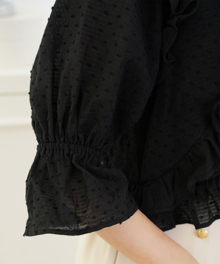 レディース/トップス/ブラウス/ショート丈/コンパクト丈/ドビー/ドット/表面変化/袖口ゴム/半袖/5分袖/二の腕カバー/ハイウエスト/フリル/涙あき/クルーネック/ホワイト/ブラック/カジュアル/エレガント/フェミニン/可愛い