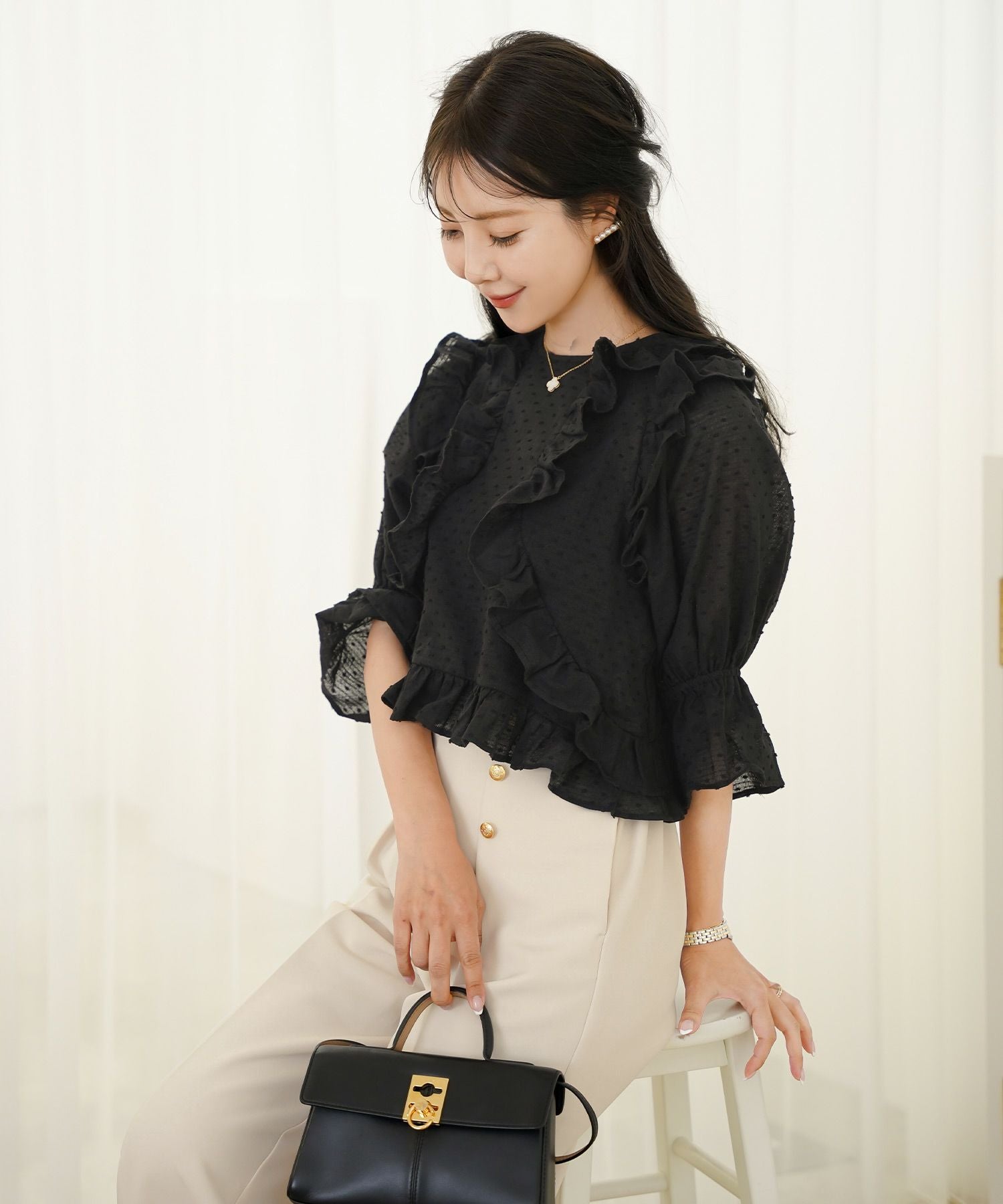 ドット ドビー フリル ブラウス le reve vaniller