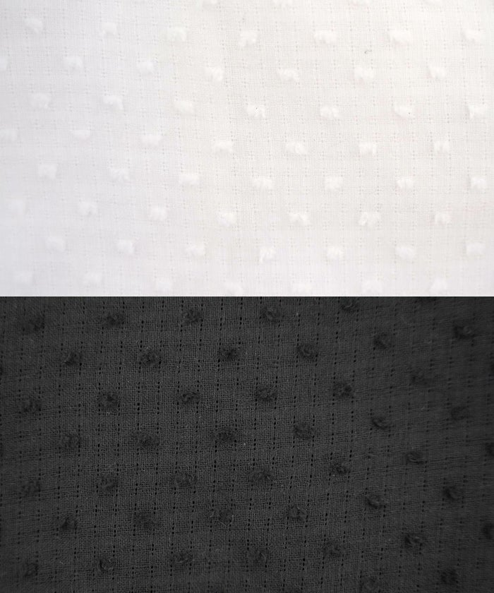 レディース/トップス/ブラウス/ショート丈/コンパクト丈/ドビー/ドット/表面変化/袖口ゴム/半袖/5分袖/二の腕カバー/ハイウエスト/フリル/涙あき/クルーネック/ホワイト/ブラック/カジュアル/エレガント/フェミニン/可愛い