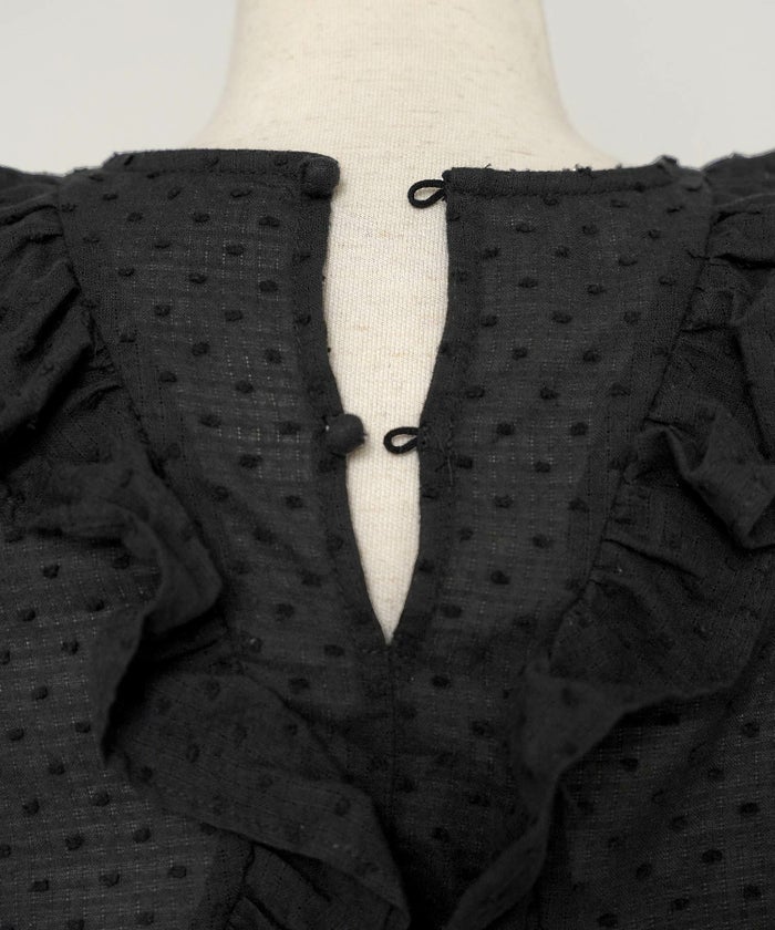 レディース/トップス/ブラウス/ショート丈/コンパクト丈/ドビー/ドット/表面変化/袖口ゴム/半袖/5分袖/二の腕カバー/ハイウエスト/フリル/涙あき/クルーネック/ホワイト/ブラック/カジュアル/エレガント/フェミニン/可愛い