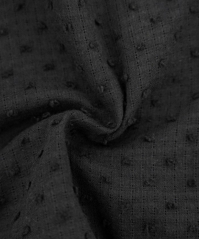 レディース/トップス/ブラウス/ショート丈/コンパクト丈/ドビー/ドット/表面変化/袖口ゴム/半袖/5分袖/二の腕カバー/ハイウエスト/フリル/涙あき/クルーネック/ホワイト/ブラック/カジュアル/エレガント/フェミニン/可愛い