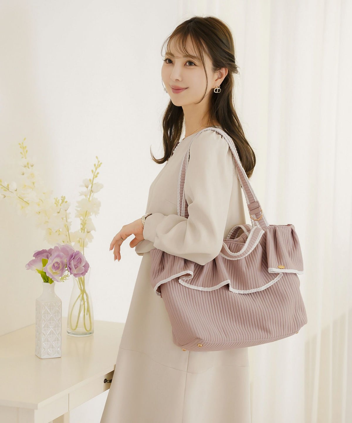 新色 バッグ グッズ トートバッグ 大容量 フリル フェミニン ナチュラル