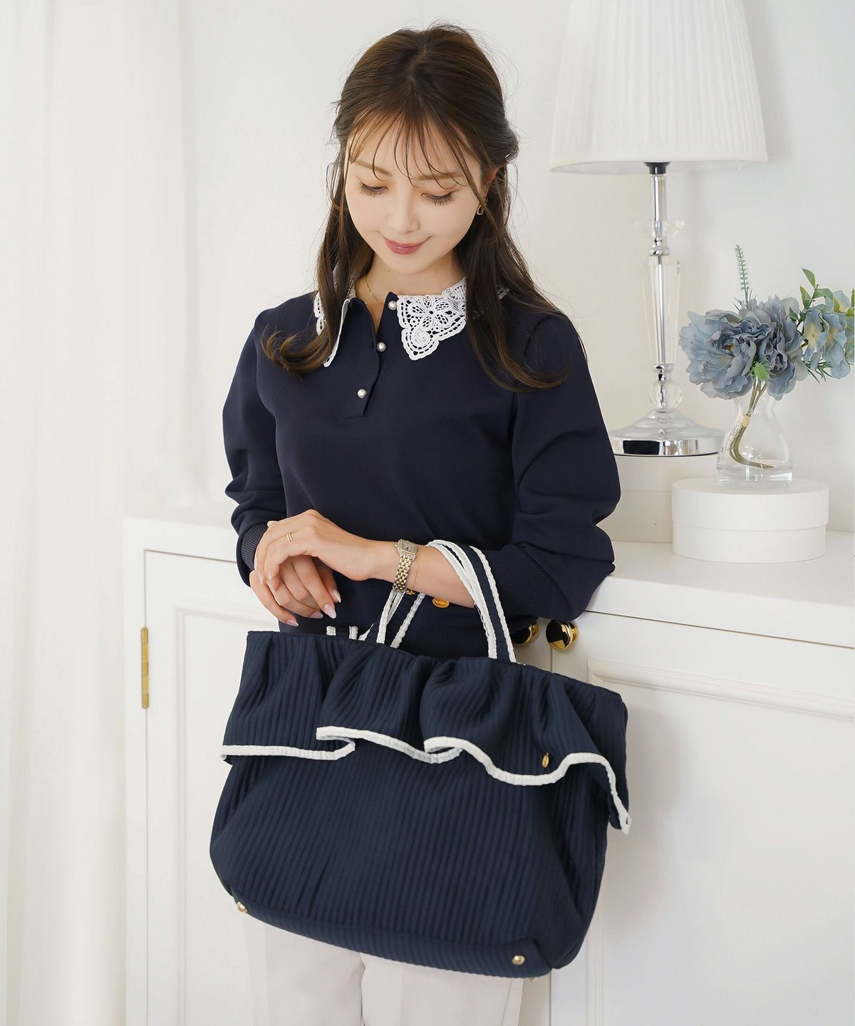 新色 バッグ グッズ トートバッグ 大容量 フリル フェミニン ナチュラル