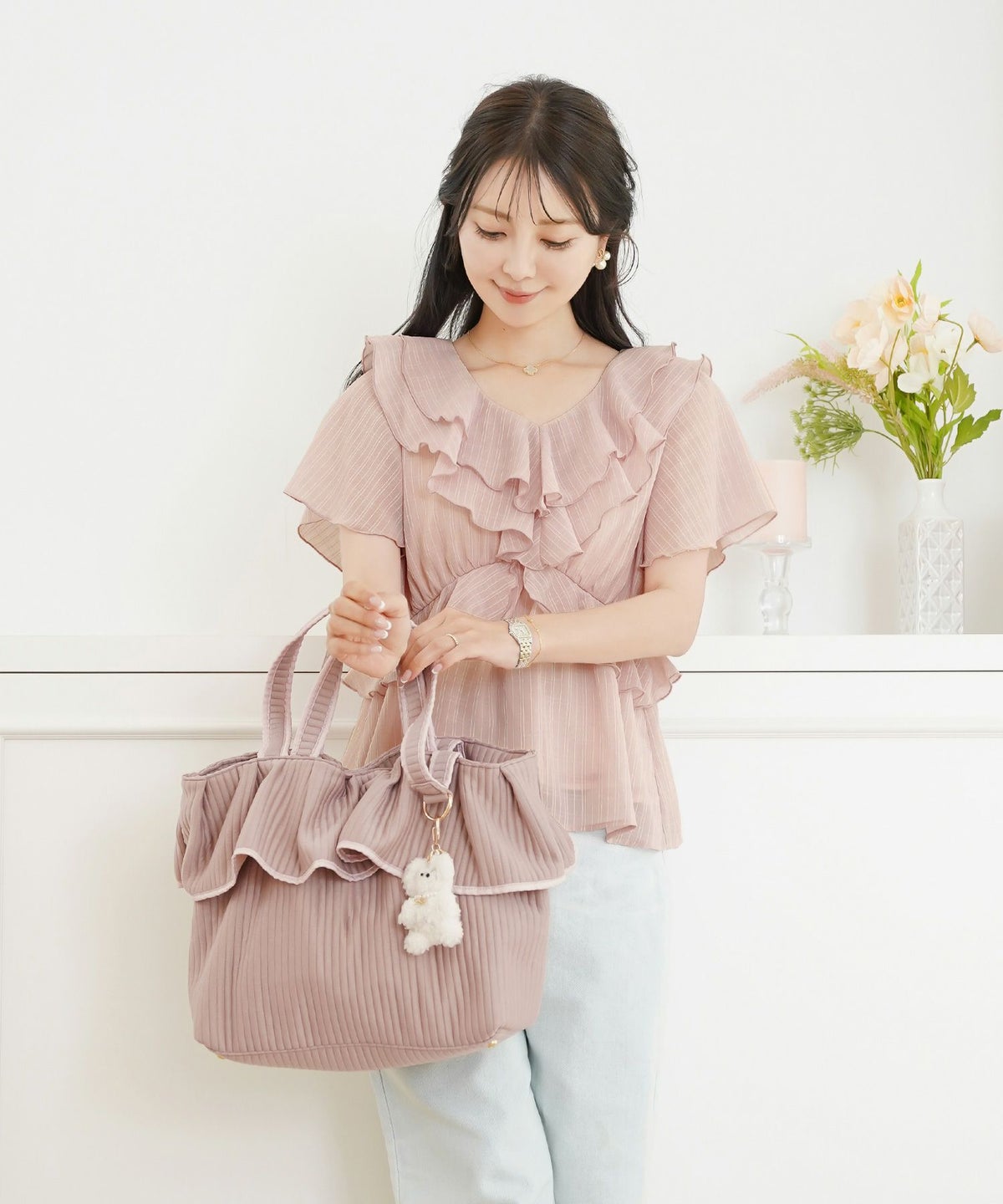 新色 バッグ グッズ トートバッグ 大容量 フリル フェミニン ナチュラル