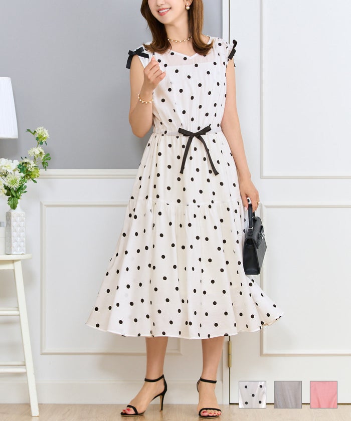 ワンピース レディース ロング きれいめ かわいい 大人 上品 リボン ドロスト ノースリーブ 春夏 秋 オフィス ジョイントスペース ドロストリボン ギャザー ワンピース Prima Scherrer