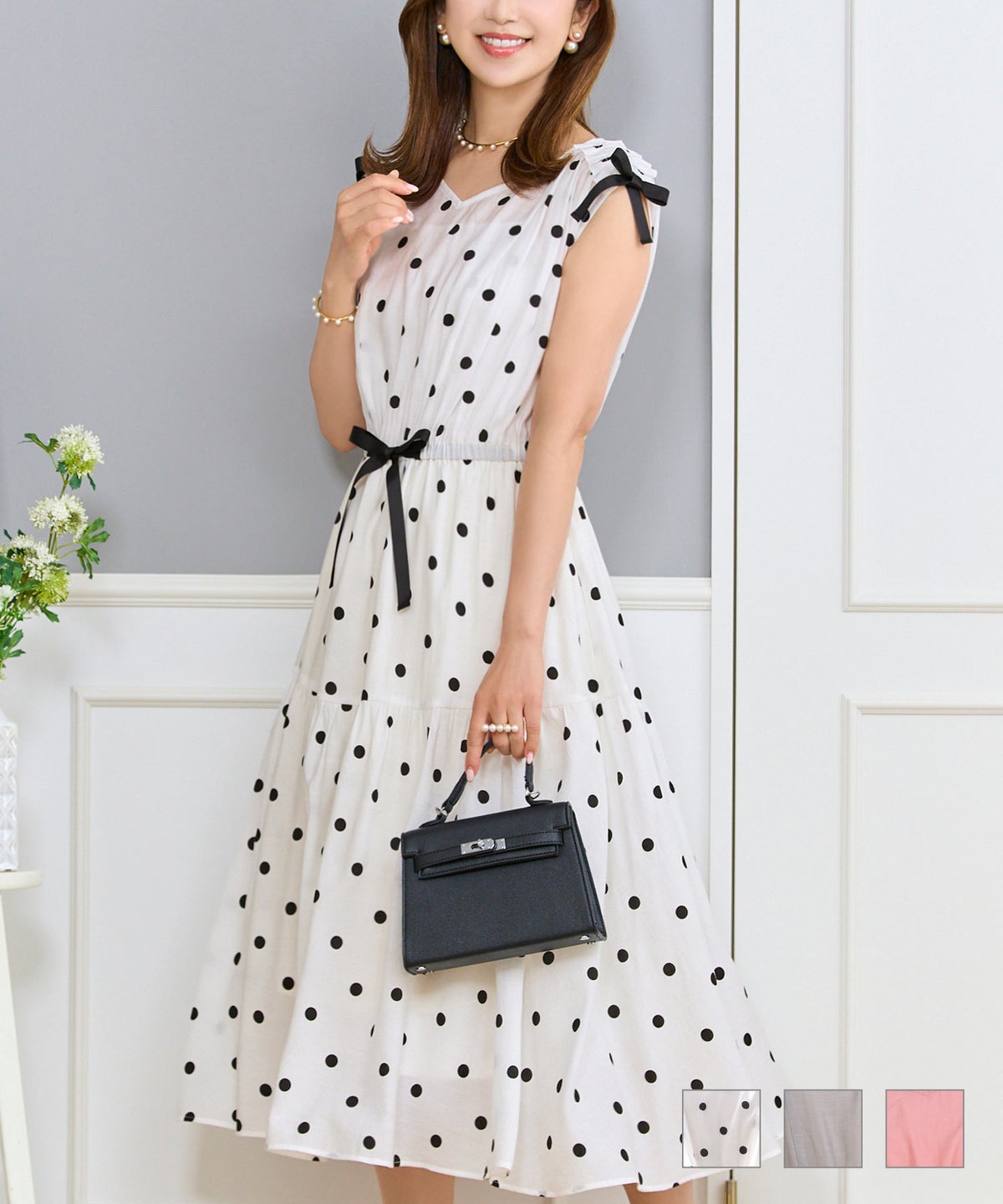 ワンピース レディース ロング きれいめ かわいい 大人 上品 リボン ドロスト ノースリーブ 春夏 秋 オフィス ジョイントスペース ドロストリボン ギャザー ワンピース Prima Scherrer
