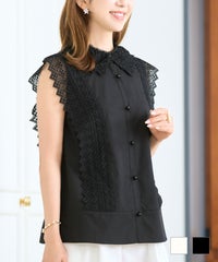 トップス ブラウス レディース かわいい きれいめ 大人 春夏 レース ノースリーブ 白黒 襟付き オフィス シアー ジョイントスペース 襟付 レースコンビ ブラウス Prima Scherrer