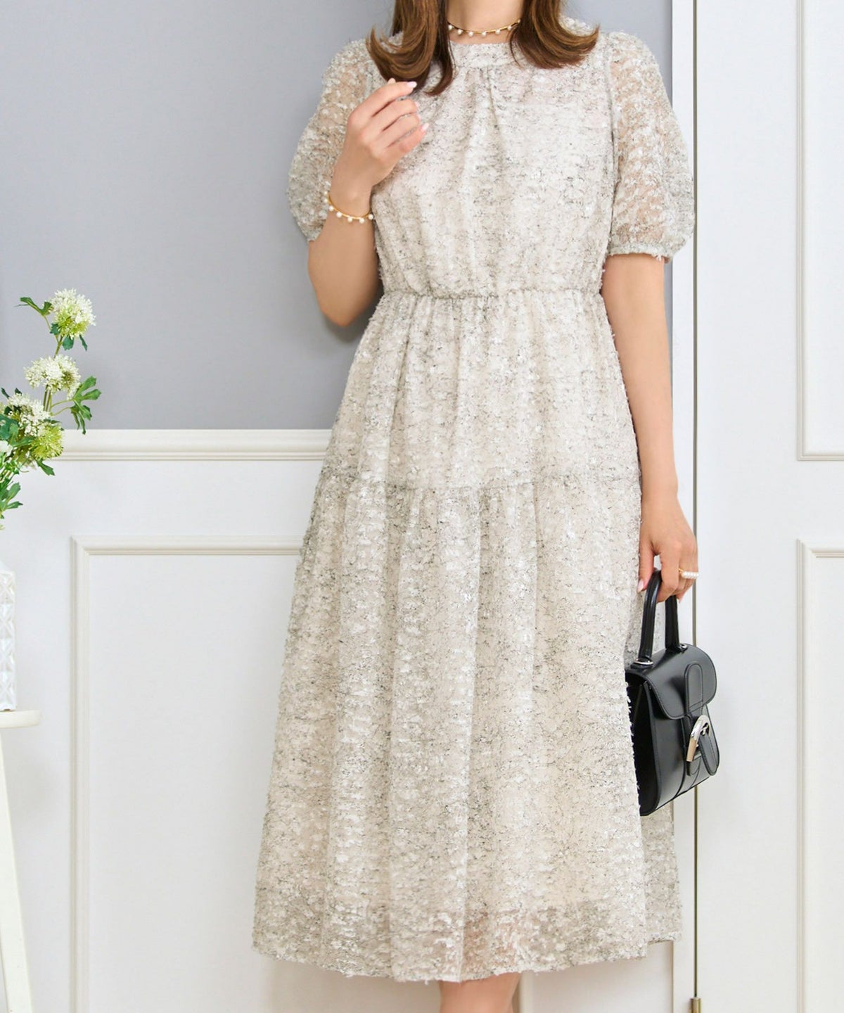 ワンピースレディースウエストゴム半袖シアー素材フリンジ春夏秋軽い洗える白柄フレアきれいめかわいい大人ジョイントスペース