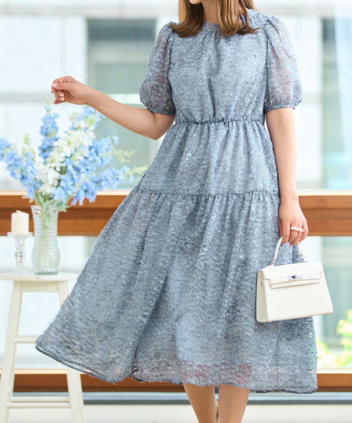 ワンピースレディースウエストゴム半袖シアー素材フリンジ春夏秋軽い洗える白柄フレアきれいめかわいい大人ジョイントスペース